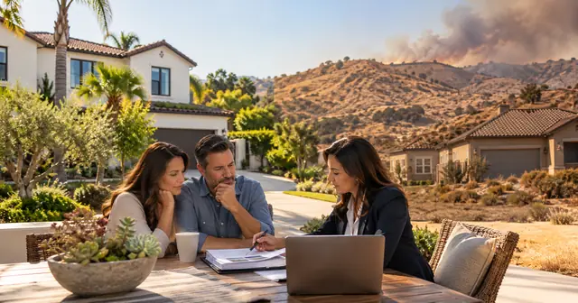 Illustrative California homeowners comparing property insurance options, with a wildfire-prone hillside in the background