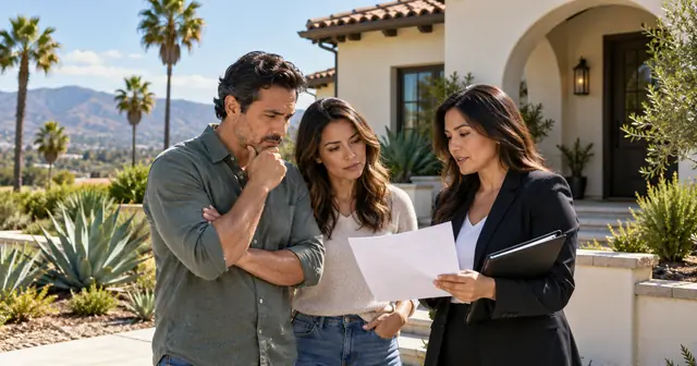 Illustrative California homeowners discussing a nonrenewal notice with an insurance advisor outside a home
