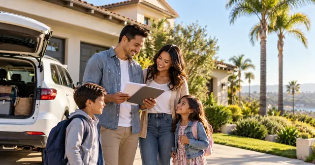 Illustrative Southern California family outside their home beside an SUV, reviewing insurance information